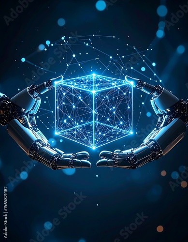 Robotic Hands Holding a Digital Cube with Network Connections