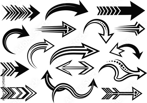 Collection of stylized black arrows in various shapes and directions on white background