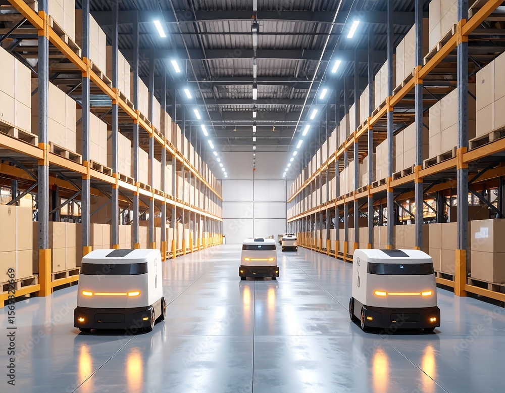 Obraz premium Autonomous Robots Navigating a Modern Warehouse
