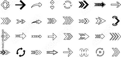 Collection of diverse arrow icons representing direction movement and progress
