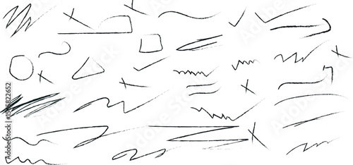marker scribble line set on transparent background,Sketchy hand drawn vector set of doodles featuring arrows, checks, lines, circles, scribble, and various abstract shapes for creative designs.