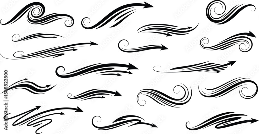 Collection of decorative black tribal arrow designs and swooshes on white background Collection of decorative black tribal arrow designs and swooshes on white background
