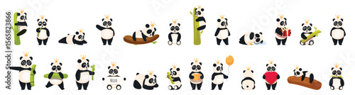 Cartoon pandas with crowns in various poses holding bamboo gifts and signs