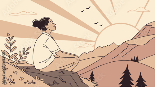 Peaceful Woman Meditating in Lotus Pose on Cliffside at Sunrise – Mindfulness and Wellness Vector Art