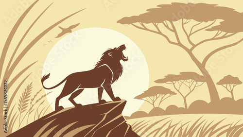 Majestic African Lion Roaring in Golden Savannah at Sunrise – Wildlife Conservation Vector Art