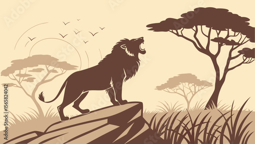 Majestic African Lion Roaring in Golden Savannah at Sunrise – Wildlife Conservation Vector Art