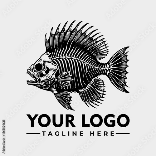 Illustration of a fish skeleton with detailed bones and fins, presented as a logo design.
