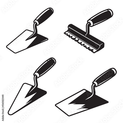 Black and white isometric set of four construction trowel tools ornament design
