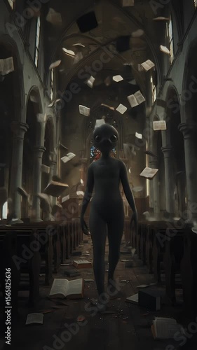 3d Scene Figure Walking In Decayed Cathedral Interior With Books