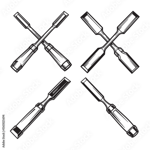 Black and white vector ornament set of woodworking chisels isolated on white background