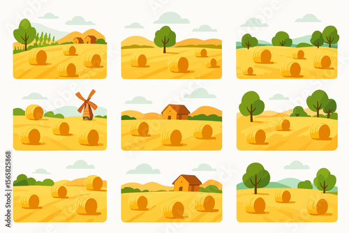 Autumn farm scenes with hay bales and rural landscapes