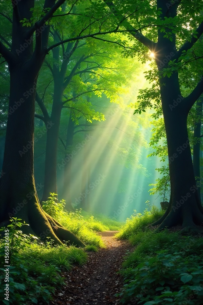 Fototapeta premium Sunlight dappled through the ancient trees of a lush, green forest, creating a magical atmosphere Explore the serene beauty of nature's tranquility in this captivating woodland scene , moss, ground