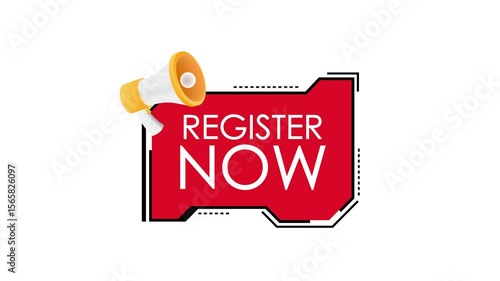 Register Now Button with Megaphone Animation on White and Green Screen
