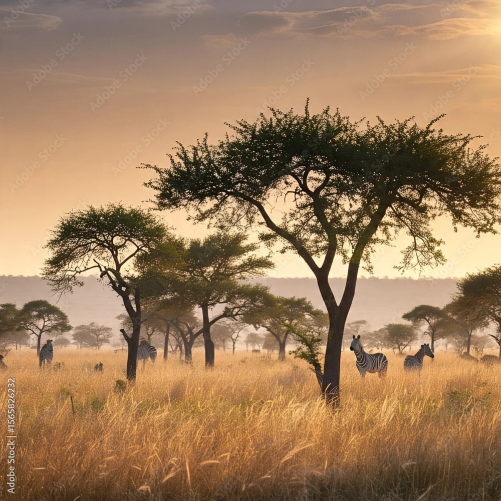 Fototapeta premium A savanna at sunrise with tall golden grass, acacia trees, and silhouettes of wild animals like zebras or giraffes in the distance.