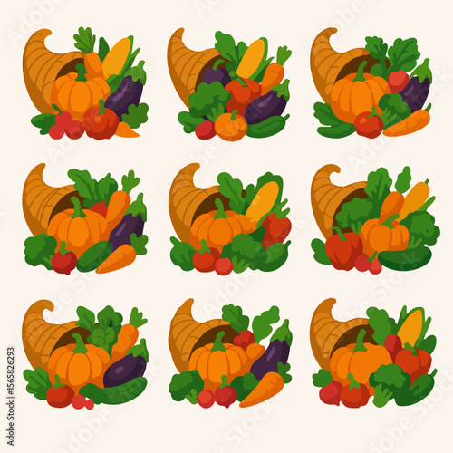 Cornucopia with autumn harvest fruits and vegetables