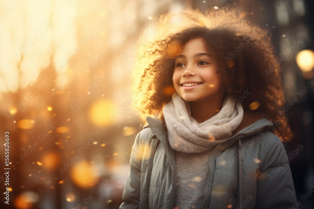 Young girl with curly hair smiling on a sunny day in city. Cheerful child on outdoor travel. Urban autumn walk concept. Young girl with curly hair smiling on a sunny day in city. Cheerful child on outdoor travel. Urban autumn walk concept.