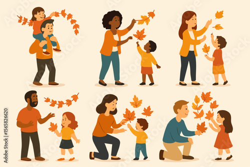 Families enjoying autumn leaves together outdoors
