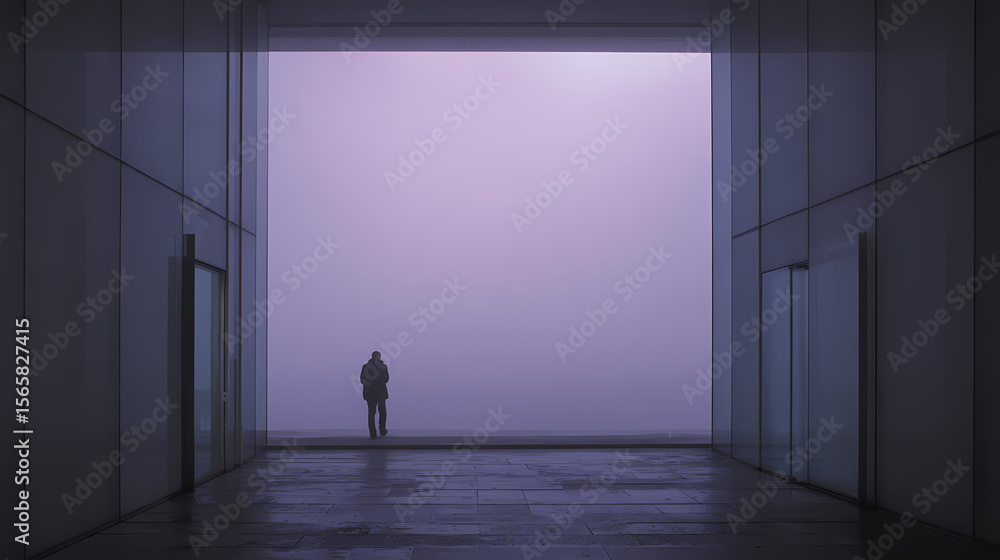 Obraz premium editorial feature on silence and solitude | washed violet-gray | architectural framing | window facing slow time | silent footstep imprint | pigment displacement | invisible resonance