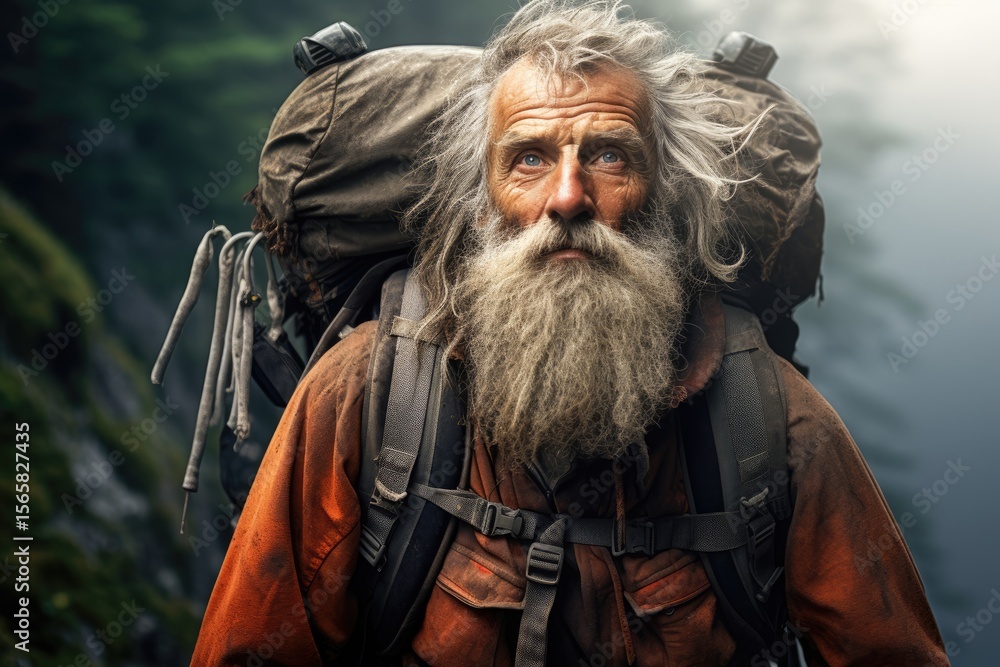 Obraz premium Old man with long white beard and gray hair wearing backpack. Concept of adventure and wilderness travel. For nature and outdoor lifestyle.