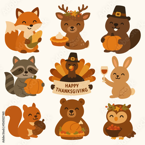 Thanksgiving animals with pumpkins and autumn harvest