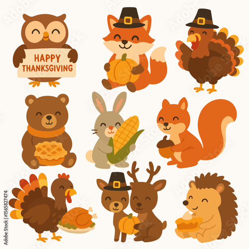 Thanksgiving animals with pumpkins and corn
