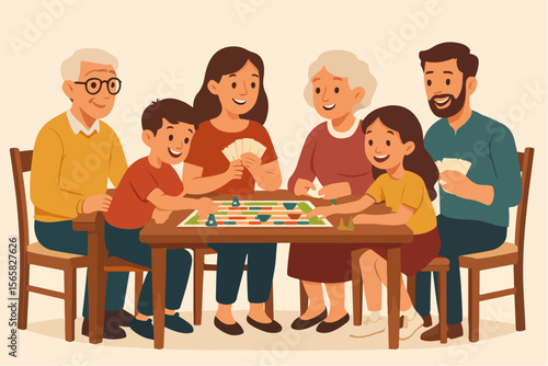 Family game night: grandparents, parents, and children playing