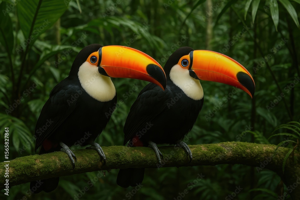 Fototapeta premium Colorful toucan pair perched on natural branch in pristine Amazon rainforest habitat