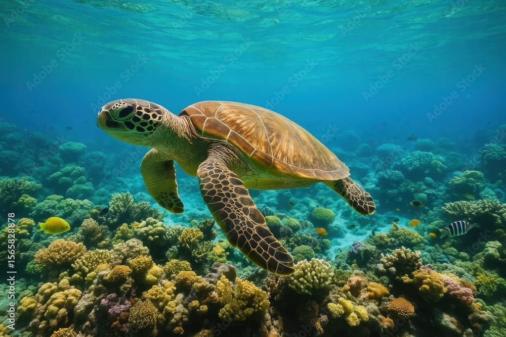Obraz premium Green sea turtle swimming through crystal clear turquoise waters with coral reef and tropical fish in underwater paradise