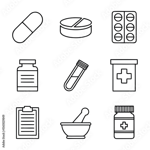 9 Pharmacy Icons – Capsule, Prescription, Medicine Box – Thin Line Vector Set