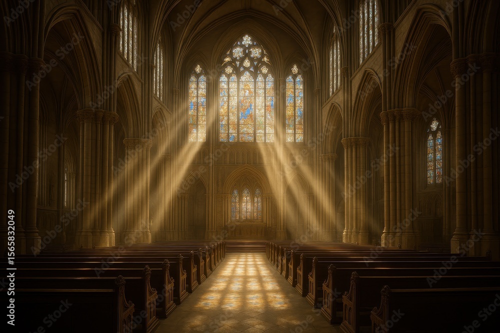 Obraz premium Sacred cathedral interior with divine sunlight streaming through magnificent stained glass windows