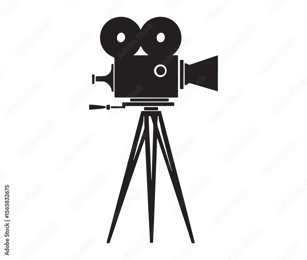 Obraz premium Silhouette of an old movie camera on a tripod. Vintage movie camera on tripod silhouette.