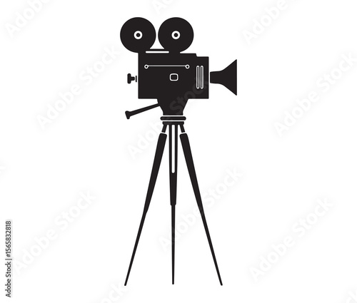Silhouette of an old movie camera on a tripod. Vintage movie camera on tripod silhouette.