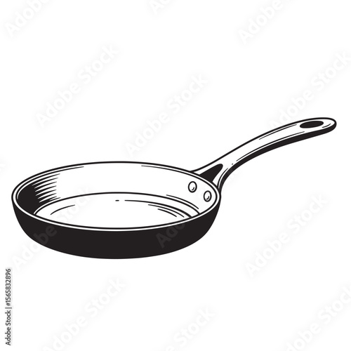 Detailed black and white illustration of a skillet pan with a handle isolated on white background