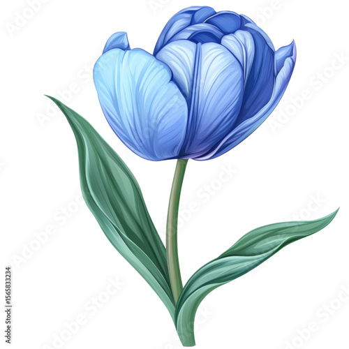 Beautiful blue tulip with delicate petals and green leaves, symbolizing elegance and tranquility