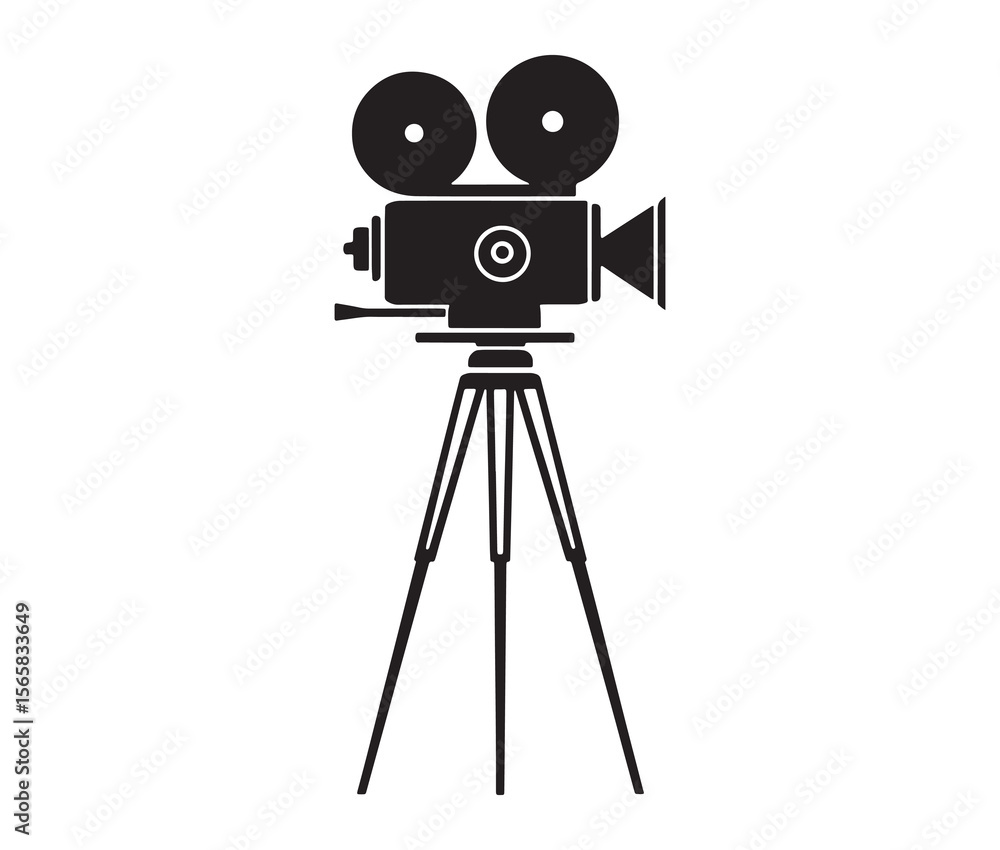 Obraz premium Silhouette of an old movie camera on a tripod. Vintage movie camera on tripod silhouette.