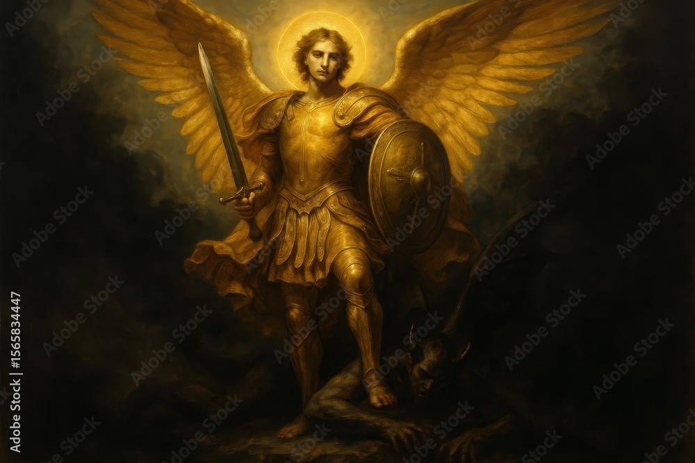 Fototapeta premium Archangel Michael with golden armor and wings protecting against darkness