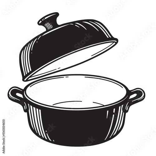 Open black and white dutch oven illustration with lid off prepared for cooking in retro style