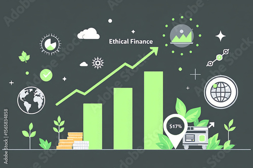 Image illustrates concept of ethical finance with rising bar graph, green growth symbols, and eco friendly icons, emphasizing sustainable and responsible financial practices