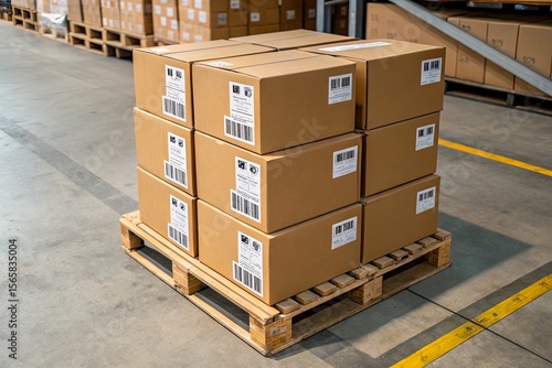 Stacked cardboard boxes on a wooden pallet in a warehouse setting with industrial background
