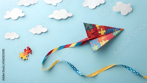 Colorful Puzzle Piece Paper Airplane Symbolizing Autism Awareness and Neurodiversity