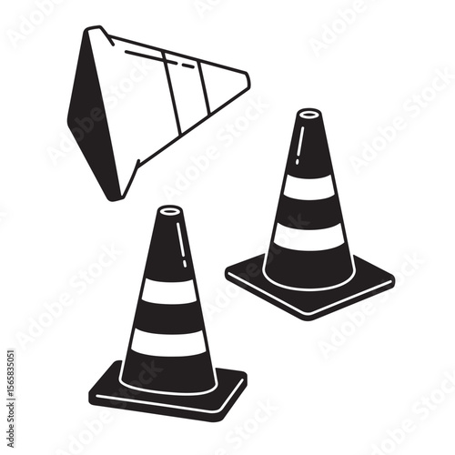 Simple black and white vector illustration of a traffic cone ornament set for road safety and construction themes