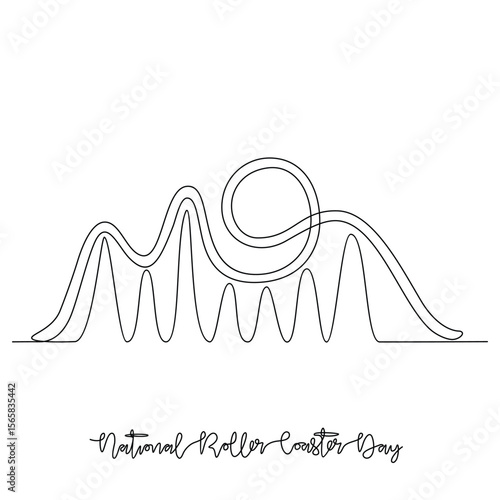 One continuous line drawing of National Roller Coaster Day vector illustration. National Roller Coaster hemes design concept in simple linear continuous line. Games for your adrenalin and fun also. 