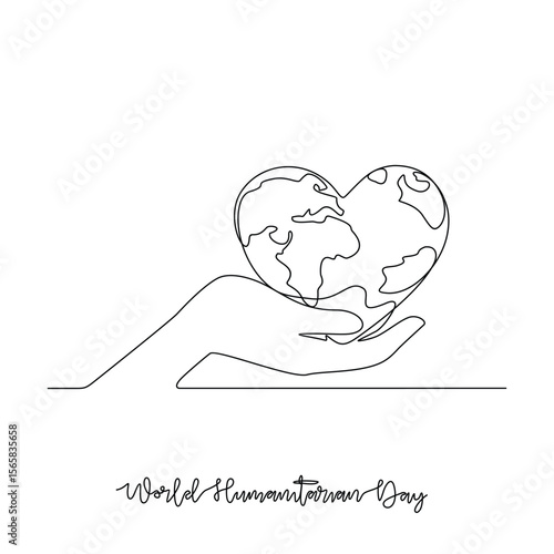 One continuous line drawing of World Humanitarian Day vector illustration. World Humanitarian Day themes design concept in simple linear continuous line. This design suitable for earth campaign.