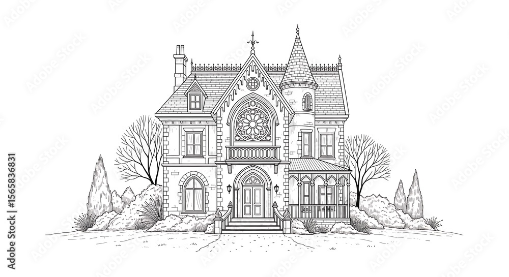 Obraz premium Detailed black and white line art illustration of a Victorian-style house with architectural elements, surrounded by trees and shrubs.