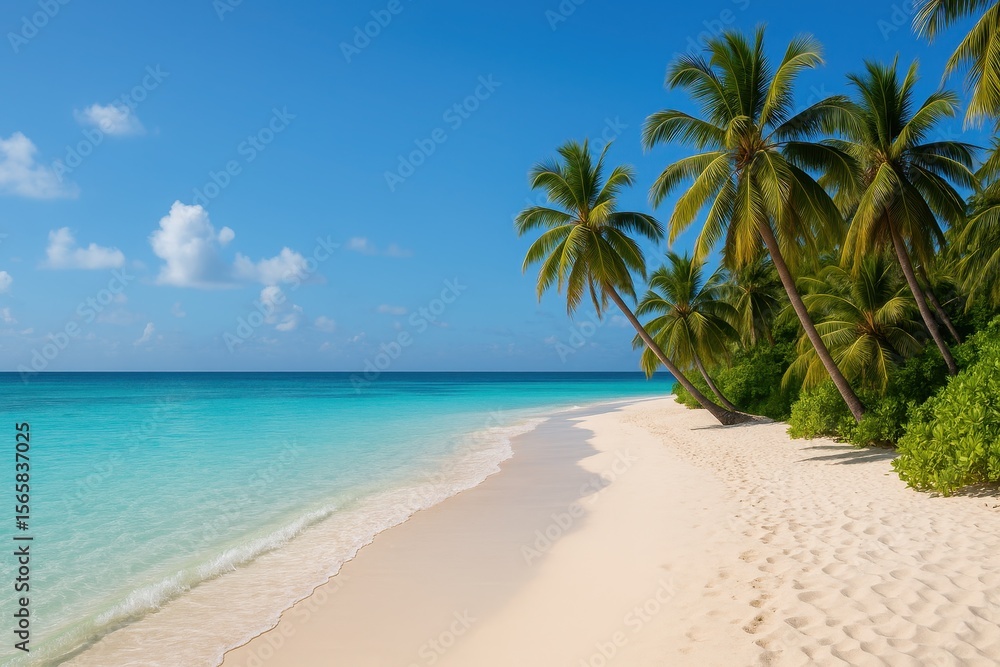 Obraz premium Pristine tropical beach paradise with crystal clear turquoise waters and white sand coastline