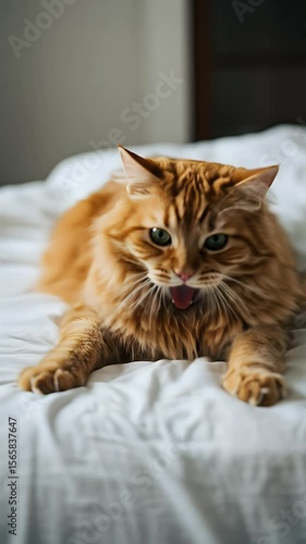 Cute Orange Domestic Cat Yawning Lying on Bed Adorable Animal