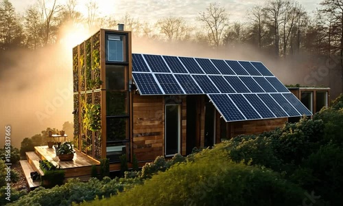 Eco-friendly modular home with solar panels in a lush green setting during sunrise.