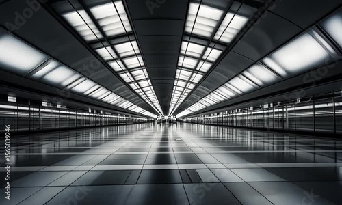 Futuristic tunnel hallway with mirrored reflections and symmetrical lighting.
