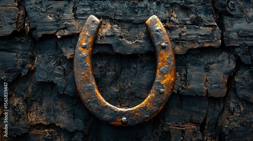 Rusty horseshoe on dark wood
