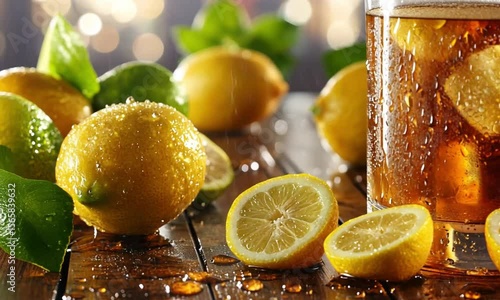 Fresh lemons splashed with water and surrounded by mint and citrus juice in vibrant setup.